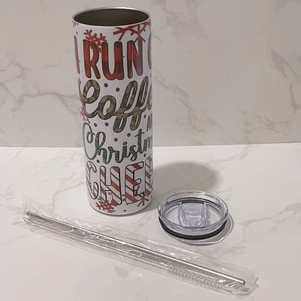 NEW! Run on Coffee and Christmas Cheer Drink Tumbler with Lid & Metal Straw